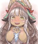  1other androgynous animal_ears bangs blunt_bangs blush body_fur brown_fur commentary crepe drooling fake_horns fangs food furry green_eyes grey_hair helmet holding holding_food horizontal_pupils horned_helmet horns kukai looking_at_food looking_down made_in_abyss nanachi_(made_in_abyss) open_mouth rabbit_ears short_hair_with_long_locks sidelocks solo upper_body whiskers wide-eyed 