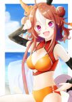  1girl absurdres alternate_costume breasts brown_hair cloud collarbone commentary_request copano_rickey_(umamusume) detached_sleeves double_bun fingernails hair_bun highres horse_girl medium_breasts medium_hair navel nishikikingyo ocean open_mouth sky solo swimsuit umamusume 