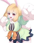  1girl :d animal_ears blonde_hair carrot_(one_piece) commentary_request crazy_otama dress eyelashes furry furry_female green_dress happy highres looking_at_viewer one_piece open_mouth rabbit_ears rabbit_tail short_hair simple_background smile solo standing tail white_background 