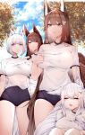  4girls absurdres akagi_(azur_lane) amagi_(azur_lane) animal_ear_fluff animal_ears azur_lane bangs bare_legs blue_buruma blue_eyes blue_sky blunt_bangs blush branch breasts brown_hair brown_tail buruma closed_eyes closed_mouth clothes_pull cloud cloudy_sky commentary_request day drooling eyebrows_hidden_by_hair flower fox_ears fox_girl fox_tail gym_uniform hair_flower hair_ornament heavy_breathing highres kaga_(azur_lane) kitsune kyuubi large_breasts leaf long_hair looking_at_another looking_at_viewer multiple_girls multiple_tails outdoors parted_lips purple_eyes red_eyes saliva samip shinano_(azur_lane) shirt shirt_pull short_sleeves sidelocks sitting sky slit_pupils squatting standing tail teeth thighs tree very_long_hair white_hair white_shirt white_tail 