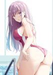  1girl artist_name ass bangs bare_shoulders blush breasts highres indoors keenh large_breasts leaning_forward long_hair looking_at_viewer looking_back one-piece_swimsuit original parted_lips pink_eyes pink_hair pool pool_ladder poolside red_swimsuit solo strap_gap swimsuit thighs 