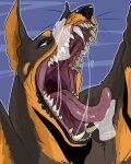  absurd_res anthro black_body black_ears black_fur black_lips black_nose blue_eyes canid disembodied_hand duo fangs fur glistening glistening_eyes hi_res imperatorcaesar lips male mammal mouth_play mouth_shot open_mouth orange_body orange_fur orange_inner_ear pattarchus red_tongue simple_background solo_focus three-quarter_view tongue tongue_out whiskers 