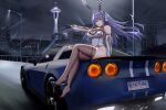  1girl :d absurdres animal_ears azur_lane blue_eyes blue_hair breasts car chevrolet chevrolet_corvette cleavage_cutout clothing_cutout detached_sleeves gloves ground_vehicle headset high_heels highres kcar66t large_breasts leotard long_hair motor_vehicle new_jersey_(azur_lane) night outstretched_arm product_placement rabbit_ears race_queen real_world_location seattle shoes single_shoe sitting smile space_needle thighhighs 