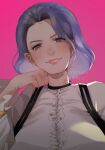  1girl breasts clenched_hand commission dbdkitty dead_by_daylight frilled_shirt frills hair_behind_ear head_tilt highres kimura_yui large_breasts looking_at_viewer medium_hair pink_background portrait purple_eyes purple_hair shirt smile solo suspenders watermark white_shirt 