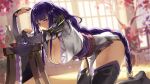  1girl armor bangs black_thighhighs blurry blurry_background blush bottle braid braided_ponytail breasts cherry_blossoms choko_(cup) cleavage cup diffraction_spikes fingerless_gloves flower genshin_impact gloves hanging_breasts holding holding_cup indoors ja_mong japanese_clothes kneeling large_breasts light_particles looking_at_viewer purple_eyes purple_flower purple_hair raiden_shogun revision rope rope_belt sake_bottle tea teacup teapot thick_thighs thighhighs thighs tree wide_sleeves 