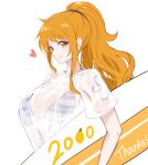  1girl bikini commentary_request crazy_otama earrings english_text eyelashes happy heart highres jewelry long_hair looking_at_viewer nami_(one_piece) one_piece orange_eyes orange_hair ponytail see-through simple_background sketch smile solo striped striped_bikini swimsuit tattoo thank_you transparent_shirt white_background 