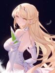  1girl absurdres bare_back bare_shoulders black_background blonde_hair braid breasts closed_mouth dress elbow_gloves feathers from_behind gloves highres long_hair looking_at_viewer medium_breasts mythra_(xenoblade) roi_(liu_tian) simple_background smile solo tiara very_long_hair wedding_dress white_gloves xenoblade_chronicles_(series) xenoblade_chronicles_2 yellow_eyes 