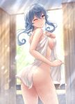  1girl apron ass blue_eyes blue_hair breasts commentary_request cowboy_shot curled_fingers from_behind gotland_(kancolle) hair_bun kantai_collection large_breasts long_hair mole mole_under_eye naked_apron nude one_eye_closed ryu-akt single_hair_bun solo 