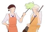  2boys :&lt; air_guitar anger_vein apron broom brothers closed_eyes closed_mouth collared_shirt emmet_(pokemon) frown grey_eyes grey_hair hand_on_hip head_scarf holding holding_broom ingo_(pokemon) jaho long_sideburns male_focus multiple_boys orange_apron pants pokemon pokemon_(game) pokemon_bw shirt short_hair siblings sideburns smile 