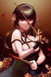  1girl alpaca_ash bare_shoulders black_dress black_hair blood blood_on_weapon breasts briar_rose_(sinoalice) bridal_gauntlets cleavage collarbone dagger dress earrings flower gold_earrings gold_hairband gradient gradient_background hairband highres holding holding_dagger holding_weapon jewelry knife large_breasts looking_at_viewer low_neckline pendant red_eyes rose short_hair_with_long_locks solo spy_x_family stiletto_(weapon) upper_body weapon yor_briar 