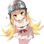  1girl bakemonogatari bangs bare_legs blonde_hair breasts downblouse dress goggles goggles_on_headwear heart helmet leaning_forward long_hair looking_at_viewer monogatari_(series) motorcycle_helmet oshino_shinobu pointy_ears small_breasts smile solo white_background yellow_eyes 