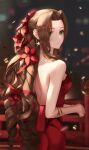  1girl absurdres aerith_gainsborough backless_dress backless_outfit bare_arms bare_back bare_shoulders blurry blurry_background blush bokeh braid brown_hair closed_mouth depth_of_field dress earrings falling_petals final_fantasy final_fantasy_vii final_fantasy_vii_remake flamenco_dress flower from_behind glint green_eyes hair_flower hair_ornament hair_ribbon highres jewelry long_hair looking_at_viewer looking_back necklace official_alternate_costume petals red_dress red_flower red_ribbon ribbon ringlets sidelocks smile solo standing star_(symbol) star_earrings strapless strapless_dress tooku0 twin_braids very_long_hair 
