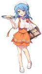  1girl alternate_costume anna_miller apron badge blue_eyes blue_hair breasts cake commentary_request double_bun food full_body hair_bun hat highres kantai_collection large_breasts menu namesake odawara_hakone orange_apron orange_skirt sailor_hat shirt skirt solo standing tray urakaze_(kancolle) waitress white_footwear white_headwear white_shirt 