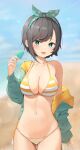  1girl :d absurdres arm_at_side bangs beach bikini blurry blurry_background blush bow_hairband breasts brown_hair cleavage cowboy_shot day fang food green_eyes green_jacket hairband halter_top halterneck hand_up highres holding hololive jacket large_breasts navel off_shoulder oozora_subaru open_clothes open_jacket outdoors polka_dot_hairband popsicle revision short_hair sidelocks smile solo stomach string_bikini striped striped_bikini sunlight swept_bangs swimsuit thigh_gap three_twosix two-tone_bikini virtual_youtuber 