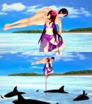  ! 1boy 1girl balancing beach bikini breasts carrying carrying_over_shoulder fate/grand_order fate_(series) fellatio femdom flower fujimaru_ritsuka_(male) gae_bolg_(fate) hair_flower hair_ornament hibiscus highres koikatsu_(medium) large_breasts lifting_person navel ocean oral sarong scared scathach_(fate) scathach_(swimsuit_assassin)_(fate) see-through_sarong shark sky surprised suspended_fellatio swimsuit tiptoes 