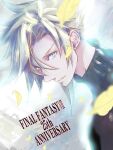  1boy blonde_hair blue_eyes cloud_strife dutch_angle earrings english_text falling_petals final_fantasy final_fantasy_vii hair_between_eyes highres jewelry looking_at_viewer male_focus petals ponco_pacoooon portrait short_hair single_earring solo spiked_hair turtleneck upper_body 