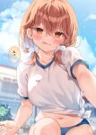  1girl bangs blurry blurry_background blush bottle brown_hair building buruma chihiro_(khorosho) closed_mouth cloud collarbone commentary_request day hair_ornament holding holding_bottle licking_lips lips looking_at_viewer low_twintails medium_hair navel orange_eyes original outdoors paid_reward_available people pom_pom_(clothes) pom_pom_hair_ornament reaching_out shirt short_sleeves short_twintails solo speech_bubble squatting sweatdrop tied_shirt tongue tongue_out translation_request twintails water_bottle 
