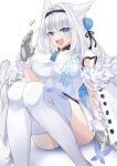  1girl animal_ears blue_eyes breasts china_dress chinese_clothes dobrynya_nikitich_(fate) dress fangs fate/grand_order fate_(series) garter_straps hairband highres large_breasts long_hair metal_gloves sitting tail thighhighs tsuyuki_yuki white_hair 