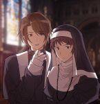  2boys alternate_costume bangs blurry blurry_background brown_eyes brown_hair closed_mouth commentary_request crossdressing eyes_visible_through_hair gloves habit highres indoors kl_(reikishikl) koizumi_itsuki kyon long_sleeves looking_at_viewer male_focus multiple_boys nun parted_lips priest short_hair suzumiya_haruhi_no_yuuutsu white_gloves 