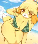  absurd_res animal_crossing anthro beach big_breasts bikini blonde_hair breasts brown_eyes canid canine canis cleavage clothed clothing domestic_dog female hair hi_res isabelle_(animal_crossing) looking_at_viewer mammal midriff nintendo pinup pose seaside shih_tzu solo swimwear thick_thighs toy_dog video_games vtalna1 wide_hips yellow_body 
