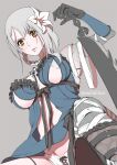  1girl bandaged_leg bandages bangs blue_shirt braid breasts brown_eyes cleavage flower gloves grey_background grey_hair hair_between_eyes hair_flower hair_ornament hand_on_weapon kaine_(nier) lace-up large_breasts lingerie long_hair looking_at_viewer negligee nexeee nier_(series) panties shirt solo twitter_username underwear upper_body white_panties 