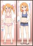  1girl before_and_after bikini blush breasts brown_eyes changing_clothes changing_room flip-flops flower frilled_bikini frills grin hair_between_eyes hair_flower hair_ornament heart idolmaster idolmaster_cinderella_girls long_hair male_swimwear navel orange_hair p-head_producer producer_(idolmaster) sandals serebi_ryousangata small_breasts smile sports_bikini swim_trunks swimsuit translation_request twintails yuuki_haru 