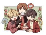  ! &lt;o&gt;_&lt;o&gt; 3boys ? ^_^ bangs black_hair black_jacket blonde_hair blush brown_eyes brown_hair cake cake_slice casual closed_eyes collared_shirt cup drink food fork fruit happy holding holding_cup holding_fork holding_plate inukai_sumiharu jacket leaning_forward long_sleeves male_focus multiple_boys musical_note nana_0253 ninomiya_masataka open_mouth outside_border pink_shirt plant plate red_jacket red_shirt shirt short_hair spoken_exclamation_mark spoken_musical_note spoken_object spoken_question_mark strawberry strawberry_shortcake thought_bubble tsuji_shinnosuke upper_body vines world_trigger 
