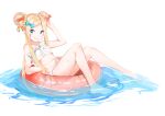  1girl abigail_williams_(fate) abigail_williams_(swimsuit_foreigner)_(fate) absurdres arm_up bangs bare_arms bare_legs bare_shoulders barefoot bikini blonde_hair blue_bow blue_eyes blush bow braid braided_bun closed_mouth collarbone commentary_request double_bun fate/grand_order fate_(series) full_body hair_bow hair_bun highres innertube knees_up long_hair parted_bangs red_bow sidelocks simple_background smile solo swimsuit transparent very_long_hair water white_background white_bikini yukaa 