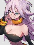  1girl android_21 bare_shoulders blue_eyes bracelet breasts choker cleavage collarbone dragon_ball dragon_ball_fighterz earrings grey_background hair_between_eyes jewelry kemachiku large_breasts long_hair looking_at_viewer majin_android_21 midriff pink_hair simple_background smile solo upper_body yellow_choker 