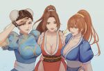  3girls breasts brown_eyes brown_hair chun-li crossover dead_or_alive double_bun hair_bun hand_on_another&#039;s_hip hand_on_another&#039;s_shoulder hand_on_own_face highres kasumi_(doa) large_breasts lipgloss lipstick looking_at_viewer makeup multiple_girls ponytail shiranui_mai street_fighter the_king_of_fighters yidelia 