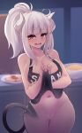  1girl apron apron_lift black_apron black_tail blurry blurry_background breasts cowboy_shot demon_girl demon_horns demon_tail helltaker highres horns kazukoto large_breasts lifted_by_self long_hair lucifer_(helltaker) mole mole_under_eye naked_apron navel ponytail pussy red_eyes sidelocks solo standing tail white_horns 