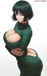  1girl ass breasts cleavage cleavage_cutout closed_mouth clothing_cutout dress fubuki_(one-punch_man) gradient gradient_background green_eyes green_hair green_sweater grey_background highres large_breasts long_sleeves looking_at_viewer one-punch_man patreon_username short_hair smile solo superbusty sweater sweater_dress turtleneck turtleneck_sweater 