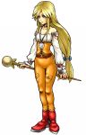  1girl alternate_costume alternate_eye_color alternate_hair_color banana_gyuunyuu bangs bare_shoulders blonde_hair blue_eyes bodysuit boots breasts choker cleavage collarbone detached_sleeves earrings final_fantasy final_fantasy_ix full_body garnet_til_alexandros_xvii holding holding_staff jewelry lace-up_top long_hair long_sleeves low-tied_long_hair medium_breasts orange_bodysuit parted_bangs pendant puffy_long_sleeves puffy_sleeves red_footwear shirt staff white_background white_shirt 