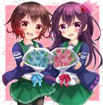  2girls black_pantyhose blue_flower bouquet brown_eyes brown_hair crescent crescent_pin flower gradient_hair green_sailor_collar green_skirt highres holding holding_bouquet kantai_collection kisaragi_(kancolle) kisaragi_kai_ni_(kancolle) long_hair miniskirt multicolored_hair multiple_girls mutsuki_(kancolle) mutsuki_kai_ni_(kancolle) pantyhose pink_flower pleated_skirt purple_eyes purple_hair red_hair sailor_collar school_uniform serafuku short_hair sills skirt 