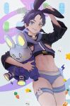  1boy animal_ears black_choker blue_eyes briefs chip_ice choker fake_animal_ears highres holding holding_stuffed_toy legband looking_at_viewer male_focus male_underwear navel original purple_hair purple_male_underwear rabbit_ears short_hair shrug_(clothing) smile solo stuffed_toy thick_thighs thighs underwear wide_sleeves 