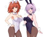  2girls animal_ears black_hairband black_pantyhose blush bow bowtie breasts cleavage collar collarbone commentary_request detached_collar fake_animal_ears fate/grand_order fate_(series) fujimaru_ritsuka_(female) hair_over_one_eye hairband hand_on_hip hand_on_own_chest haruhisky highres large_breasts leotard light_purple_hair looking_at_viewer mash_kyrielight multiple_girls orange_eyes orange_hair pantyhose playboy_bunny purple_bow purple_bowtie purple_eyes purple_leotard rabbit_ears short_hair side_ponytail sweatdrop white_bow white_bowtie white_collar white_hairband white_leotard wrist_cuffs 