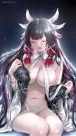  1girl :d areola_slip black_hair blush bottomless bow breasts closed_eyes coat columbina_(genshin_impact) eye_mask fur-trimmed_coat fur_trim genshin_impact head_wings holding large_breasts long_hair multicolored_hair no_panties off_shoulder open_clothes open_coat open_mouth patreon_username pubic_tattoo red_hair rei_kun revealing_clothes sitting smile solo streaked_hair tattoo thighs two-tone_hair very_long_hair white_bow white_coat 