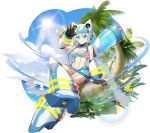  1girl alternate_costume android arms_up bangs bare_shoulders blue_eyes blue_hair blue_sky breasts cloud cloudy_sky crossed_legs day full_body gloves goggles goggles_on_head gradient gradient_hair hair_ornament hand_up highres ico_(megaman_x_dive) joints long_hair looking_at_viewer medium_breasts mega_man_(series) mega_man_x_(series) mega_man_x_dive mizuno_keisuke multicolored_hair navel neon_trim ocean official_art outdoors palm_leaf palm_tree plant robot robot_joints shiny shiny_clothes shiny_hair simple_background sitting sky solo stomach sun sunlight transparent_background tree two-tone_hair water white_hair 