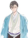 1boy ahoge blue_jacket brown_hair chashibu fate/grand_order fate_(series) glasses grey_eyes hair_over_one_eye haori highres jacket japanese_clothes kimono looking_at_viewer male_focus parted_lips short_hair simple_background smile solo upper_body white_background white_kimono yamanami_keisuke_(fate) 