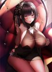  1girl absurdres azur_lane bare_shoulders black_hair black_pantyhose blush breasts chen_hai_(azur_lane) chen_hai_(vestibule_of_wonders)_(azur_lane) cleavage commentary_request elbow_gloves eyebrows_hidden_by_hair gloves hair_ornament highres large_breasts open_mouth paid_reward_available pantyhose red_eyes yuuzuki_hijiri 
