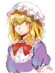  1girl blonde_hair bow bowtie breasts closed_mouth commentary_request dress hat highres kuya_(hey36253625) looking_at_viewer maribel_hearn medium_breasts mob_cap purple_dress red_bow red_bowtie simple_background sketch smile touhou upper_body wavy_hair white_headwear yellow_eyes 
