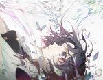  1girl air_bubble animal bangs black_hair black_jacket blurry blurry_foreground breasts bubble bug butterfly commentary_request depth_of_field highres jacket kimetsu_no_yaiba kochou_shinobu medium_breasts open_clothes parted_bangs parted_lips pig_ggul purple_eyes solo underwater upper_body water 