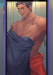  1boy absurdres bara biceps black_hair cellphone dark-skinned_female dark_skin facial_mark highres kihane_atsusane locker looking_ahead male_focus muscular muscular_male naked_towel open_mouth original pectorals phone short_hair smile taking_picture towel v-shaped_eyebrows yellow_eyes 