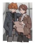  2boys bandage_on_face bandaged_arm bandages bangs belt black_pants black_shirt blue_eyes blue_jacket brown_hair brown_jacket collared_shirt cropped_legs dress_shirt frown grey_pants hand_in_pocket hand_on_own_neck holding holding_map jacket long_sleeves male_focus map mizukami_satoshi_(world_trigger) multiple_boys nana_0253 orange_hair ouji_kazuaki pants pocket pointing shirt short_hair smile t-shirt white_shirt world_trigger yellow_eyes 