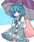  1girl ahoge blush_stickers eyebrows_hidden_by_hair heart heterochromia holding holding_umbrella karakasa_obake looking_at_viewer oil-paper_umbrella purple_umbrella salt_(seasoning) shared_umbrella simple_background smile tatara_kogasa tongue touhou umbrella 