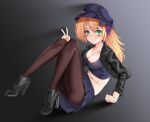  1girl alternate_costume arm_support bangs black_footwear black_jacket blonde_hair blush_stickers breasts cleavage closed_mouth collarbone commentary dark_magician_girl full_body gradient gradient_background green_eyes hand_up hat high_heels highres jacket long_hair looking_at_viewer matrix16 medium_breasts midriff open_clothes open_jacket panties panties_under_pantyhose pantyhose pleated_skirt shiny shiny_clothes simple_background sitting skirt smile solo tank_top underwear v yu-gi-oh! yu-gi-oh!_duel_monsters 
