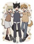  1girl 2boys :d :o animal_ears bangs between_legs black_footwear black_hair black_socks blonde_hair blue_footwear brown_hair brown_sweater_vest cat_ears cat_girl cat_tail collared_dress collared_shirt commentary dog_boy dog_ears dog_tail dress dress_shirt extra_ears fang full_body grey_footwear grey_pants grey_sweater_vest hands_up highres hiyami_aki inukai_sumiharu kemonomimi_mode long_sleeves looking_at_viewer multiple_boys nana_0253 open_mouth pants paw_pose paw_print shirt shoes short_hair sideways_glance smile sneakers socks standing sweater sweater_vest symbol-only_commentary tail tail_between_legs tsuji_shinnosuke untucked_shirt white_dress white_shirt world_trigger 