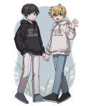  2boys :d bangs black_footwear black_hair black_hoodie blonde_hair blue_background blue_footwear blue_pants blue_shirt casual clothes_writing copyright_name flower full_body grey_hoodie grey_pants hand_in_pocket hand_up highres holding_hands hood hood_down hoodie inukai_sumiharu long_sleeves looking_at_viewer male_focus matching_outfit multiple_boys nana_0253 pants purple_eyes shirt shoes short_hair smile tsuji_shinnosuke tulip undershirt walking waving world_trigger 