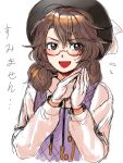  1girl black_headwear bolo_tie brown_hair collared_shirt commentary_request fedora glasses gloves hat highres kuya_(hey36253625) looking_at_viewer medium_hair open_mouth plaid plaid_vest purple_vest red-framed_eyewear semi-rimless_eyewear shirt simple_background sketch touhou under-rim_eyewear upper_body usami_sumireko vest white_gloves white_shirt 