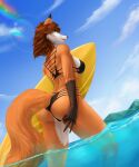  2022 anthro blue_eyes breasts brown_hair canid canine clothed clothing day detailed_background digital_media_(artwork) elvofirida eyebrows eyelashes female fox fur hair hi_res looking_at_viewer mammal orange_body orange_fur outside partially_submerged sky smile solo swimwear white_body white_fur 
